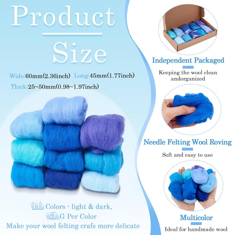 Boutigem 10 Colors Blue Needle Felting Wool 50g, 1.76oz Blue Wool Roving for Needle Felting, Soft Spinning Felting Wool Supplies for DIY Crafts, Felting, Blending, Weaving and Hand Spinning - Image 3